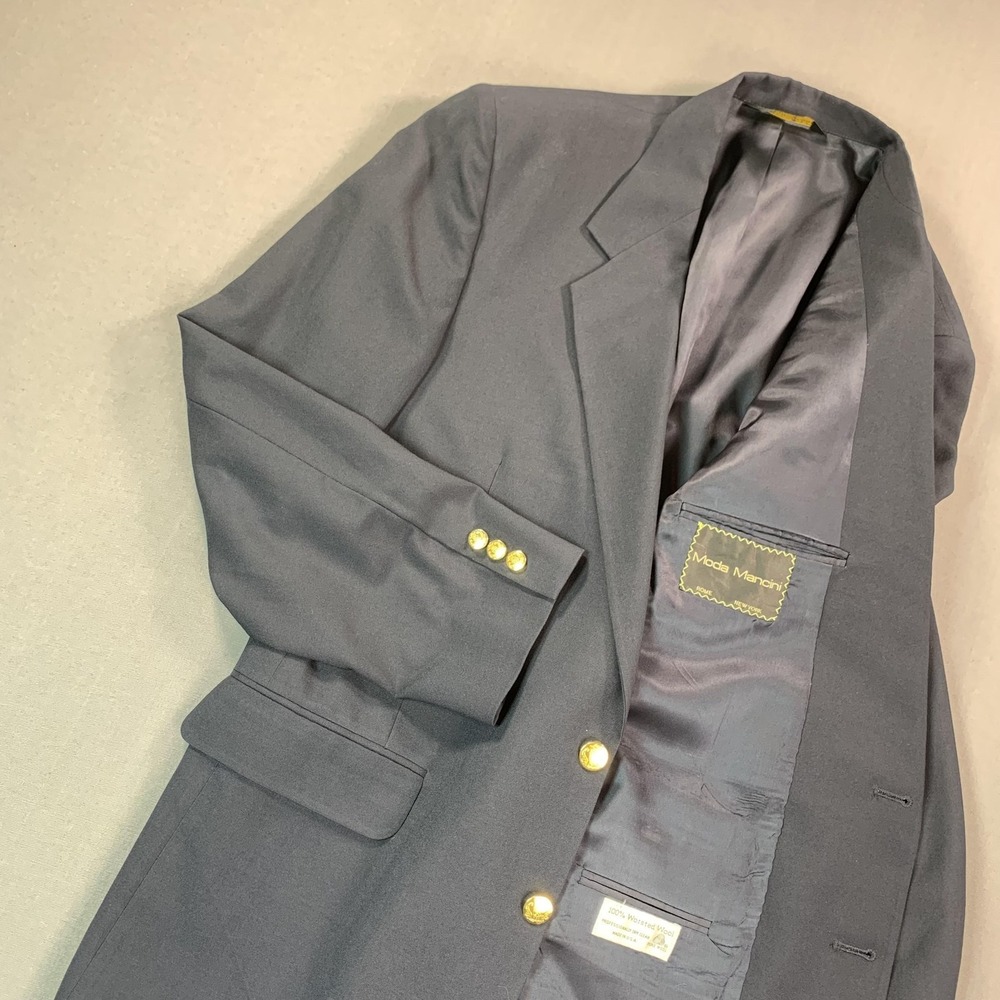 Moda Mancini Blazer Mens 46 R Blue Worsted Wool Gold Button Sport Coat Jacket